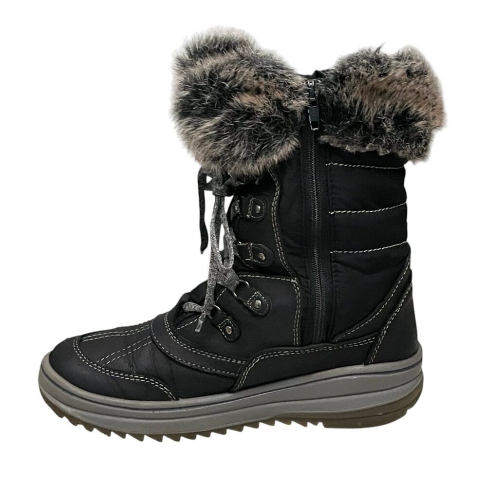 Santana Canada Myrah Winter Boots Black Faux Fur Trim Lace Up Zip Snow 38 US 7 - Picture 4 of 14